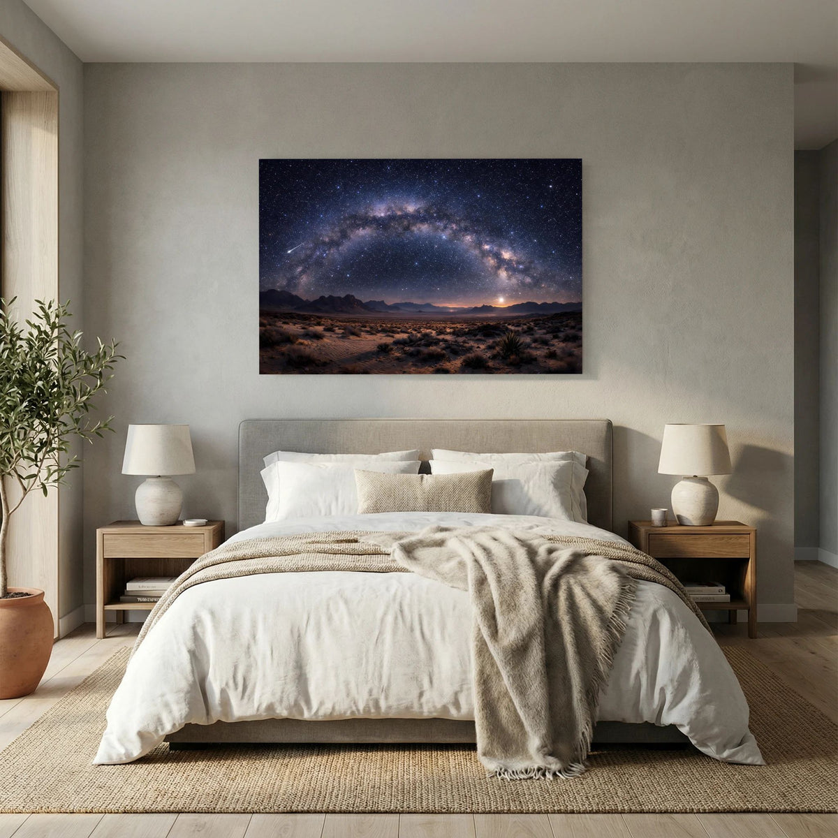Wandbild mit Milchstraße, Sternen und Wüstenszene bei Nacht