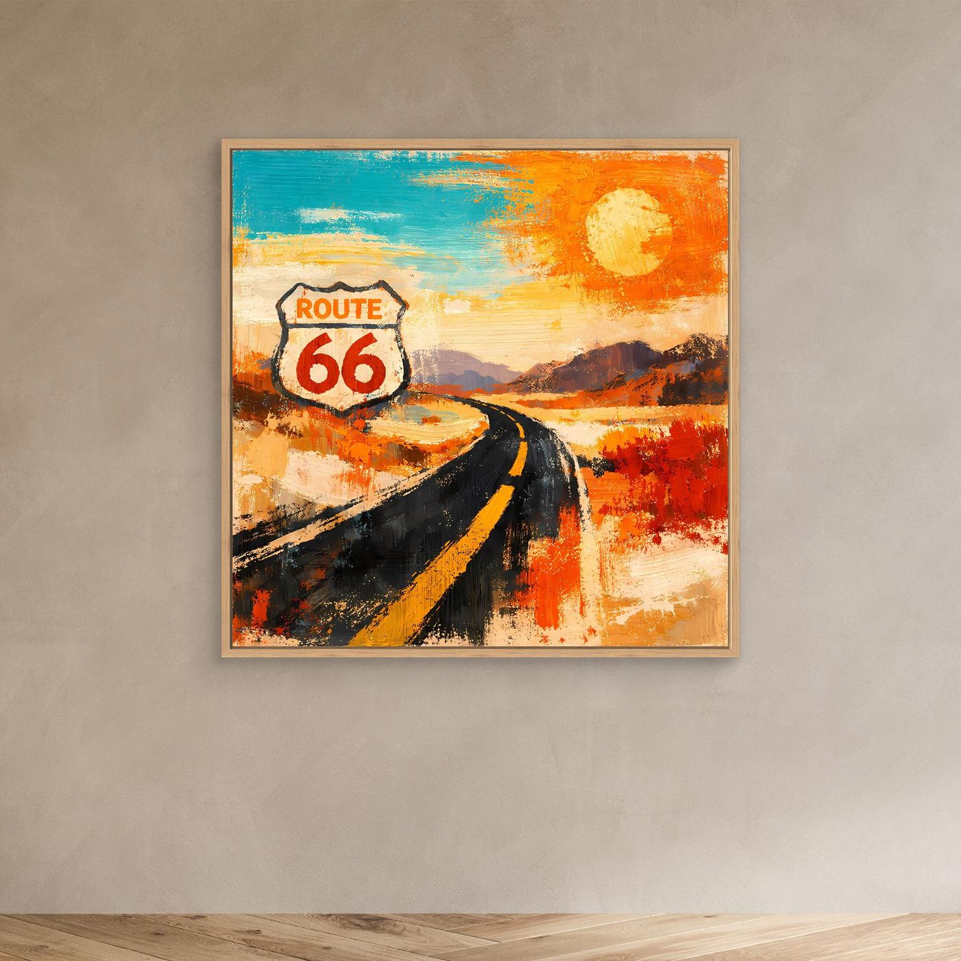 Wandbild mit abstrakter Route-66-Szene im Eichenrahmen: Schild „Route 66“, Straße, Sonne