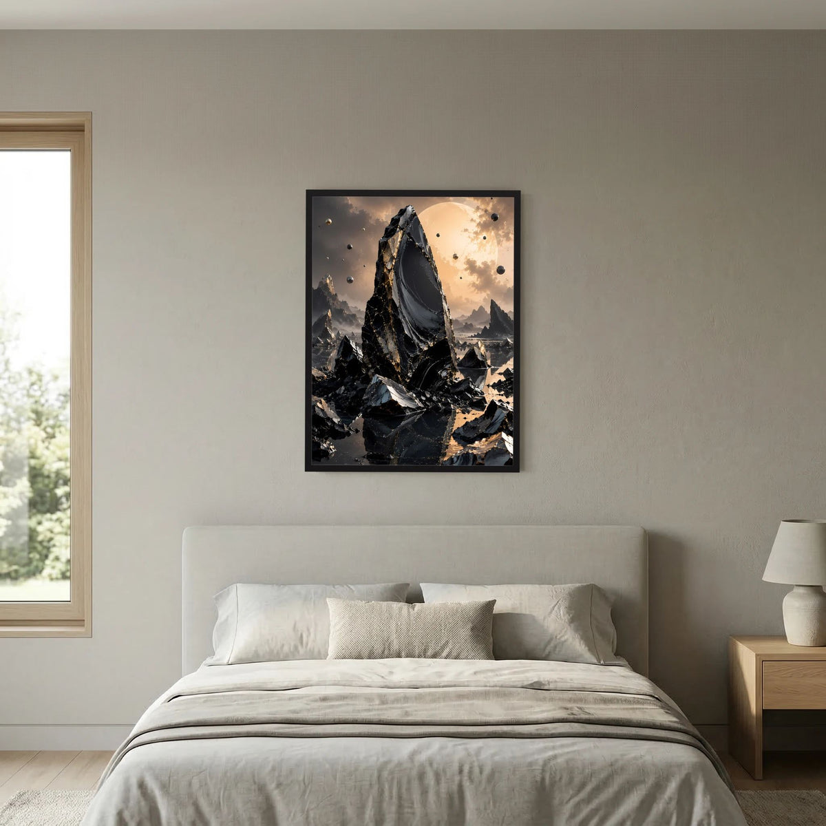 Hochformat-Poster mit schwarzem Monolithen und goldfarbenen Sprenkeln im Motiv