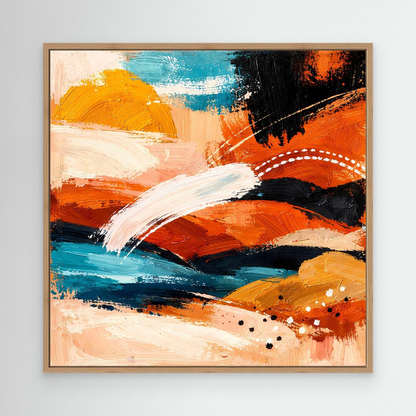 Abstract canvas wall art with terracotta and turquoise brushstrokes in oak frame