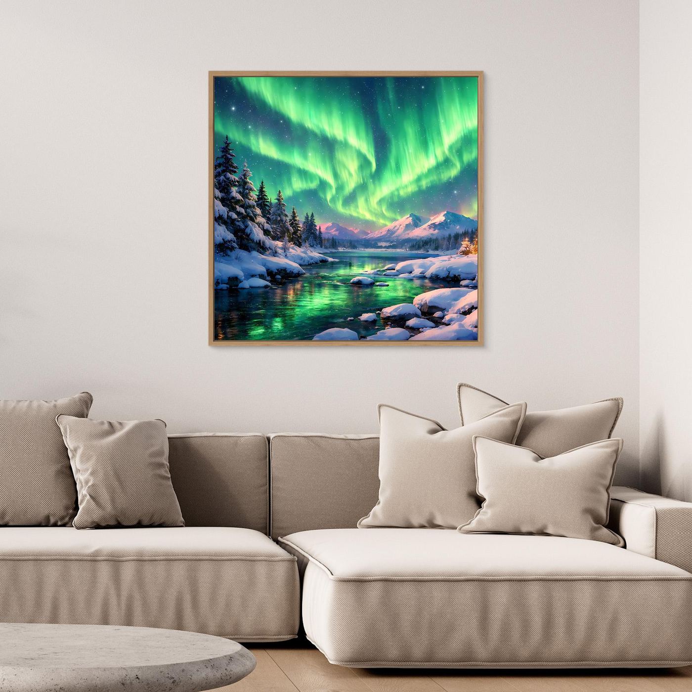 Leinwandbild Magische Polarlichter | Winterliche Polarlicht-Nacht Wandbild auf echtem Holzkeilrahmen