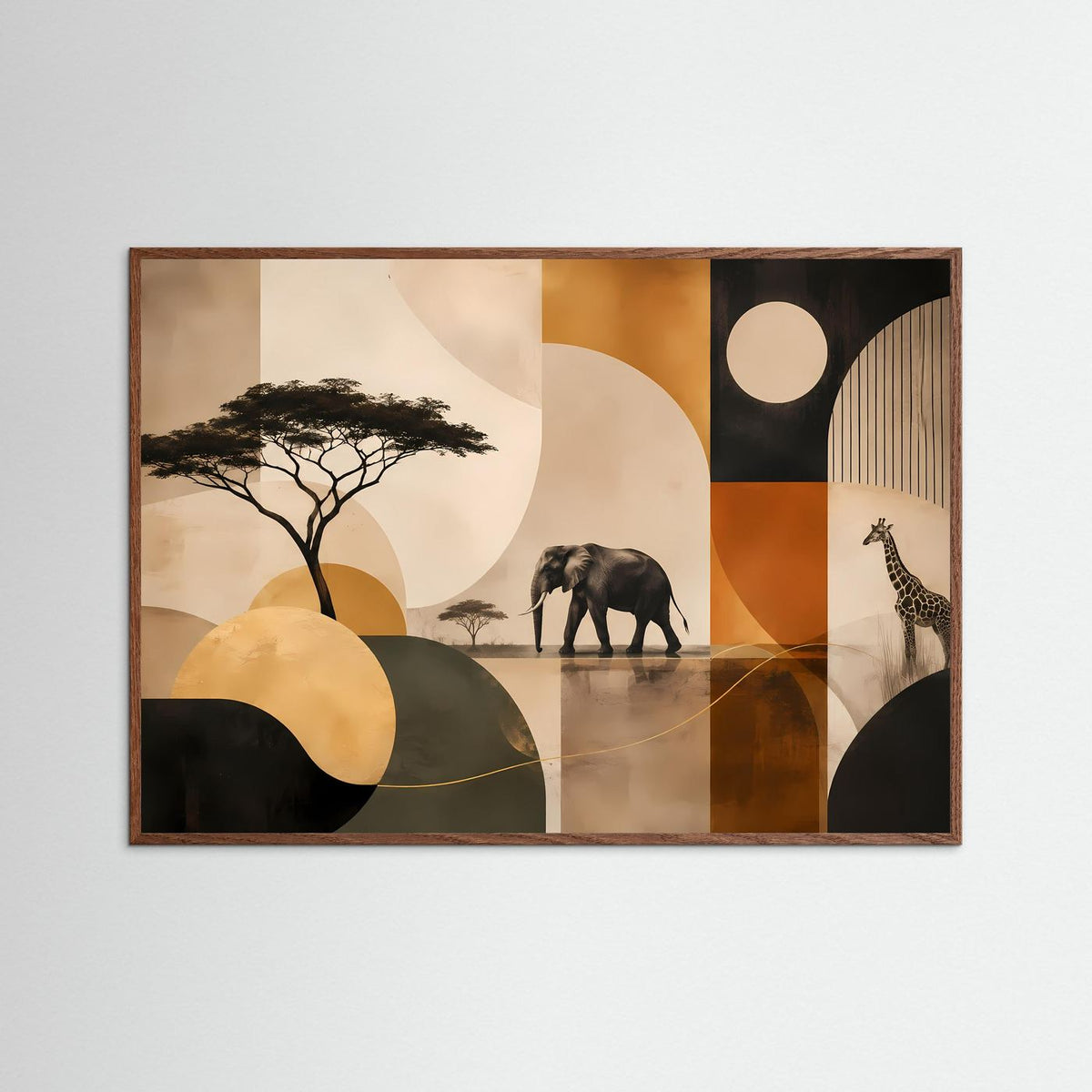Abstraktes Poster mit Elefant und Giraffe im Querformat, mit dunklem Holzrahmen