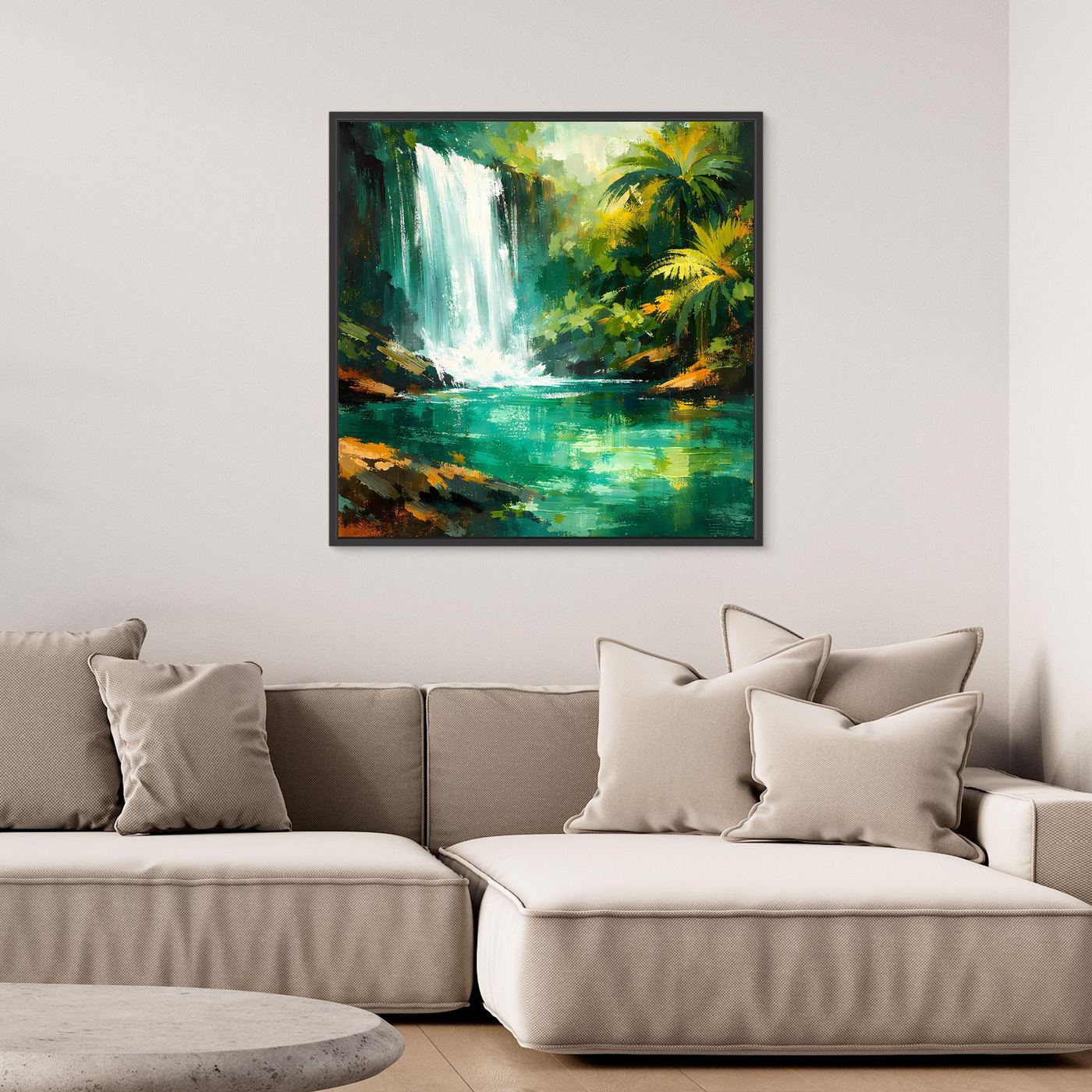 Leinwand Abstraktes Dschungel Wandbild mit Wasserfall | Modernes Natur Kunstwerk Grün