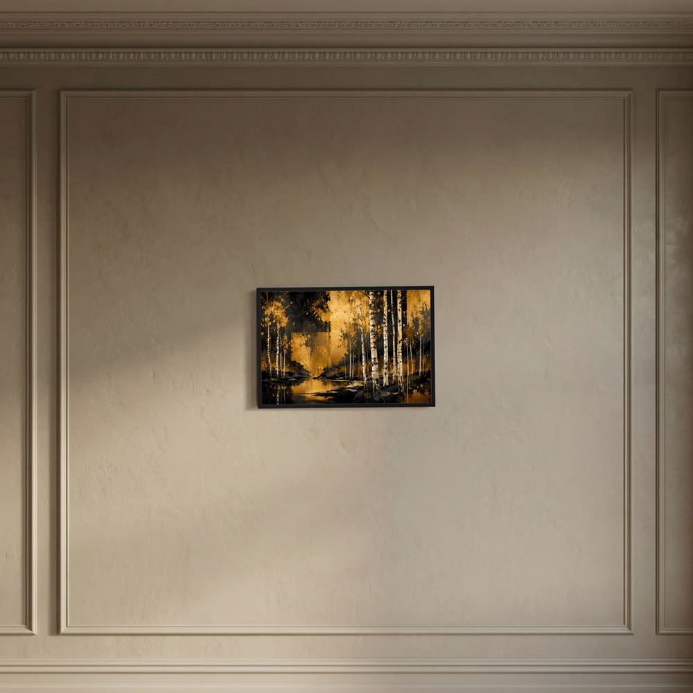 Wandposter Waldlandschaft in Gold/Schwarz, schwarzer Rahmen