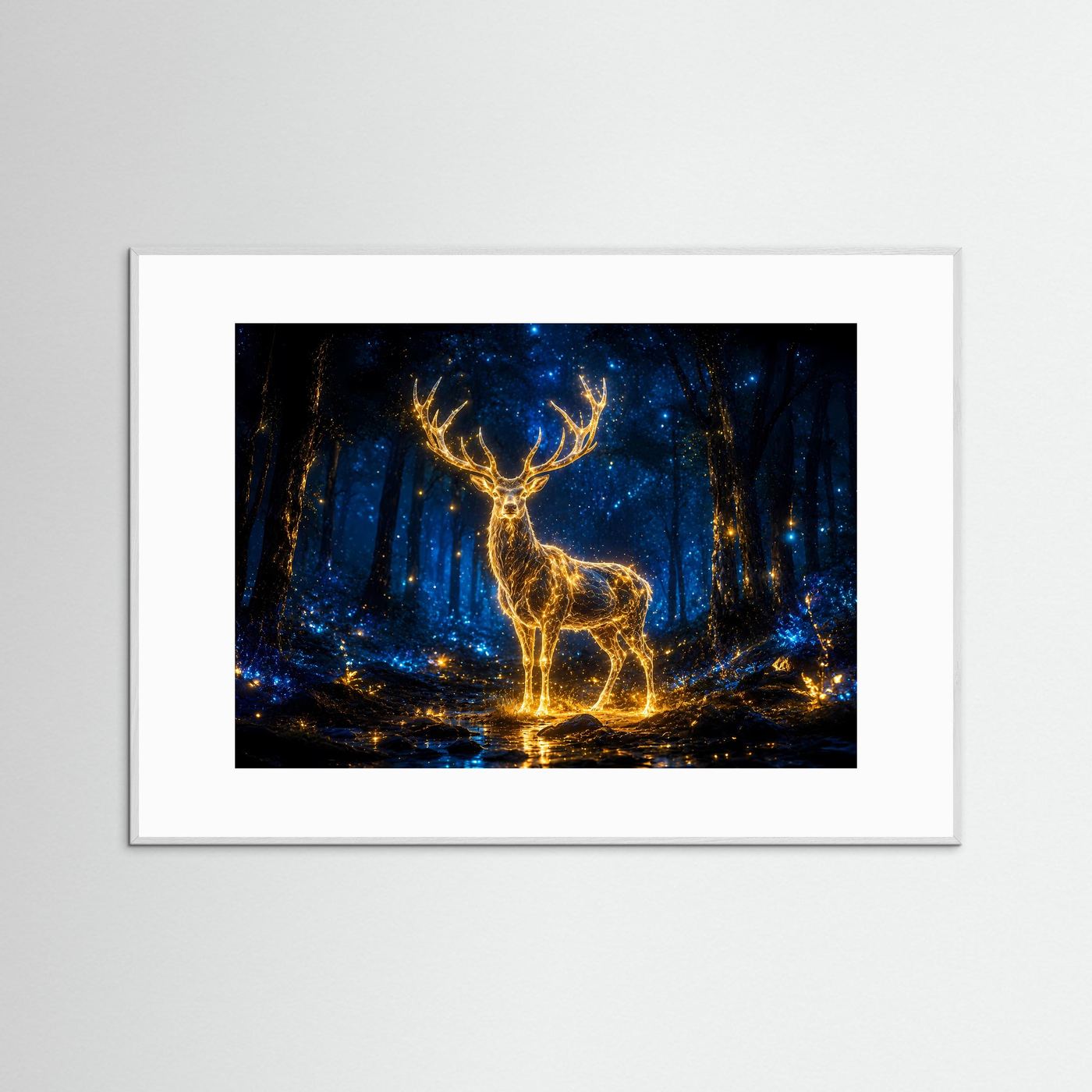 Leuchtender Hirsch Poster | Mystischer Wald Wandbild | Magisches Hirschmotiv in Blau und Gold