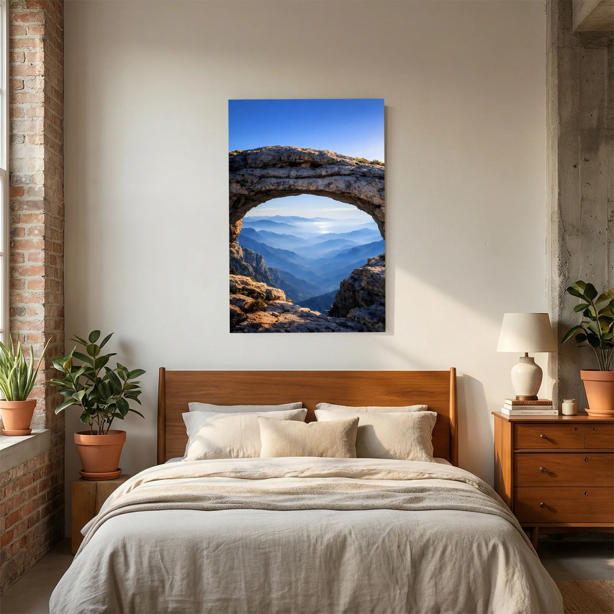 Hochformatiges Poster mit Felsbogen über entfernten Bergzügen und blauem Himmel
