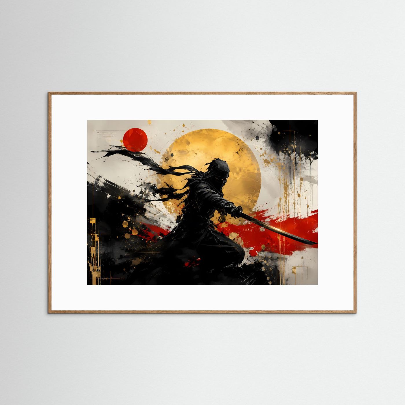 Schatten des Samurai | Japanisches Action & Ink Art Poster mit Gold- und Rot-Akzenten