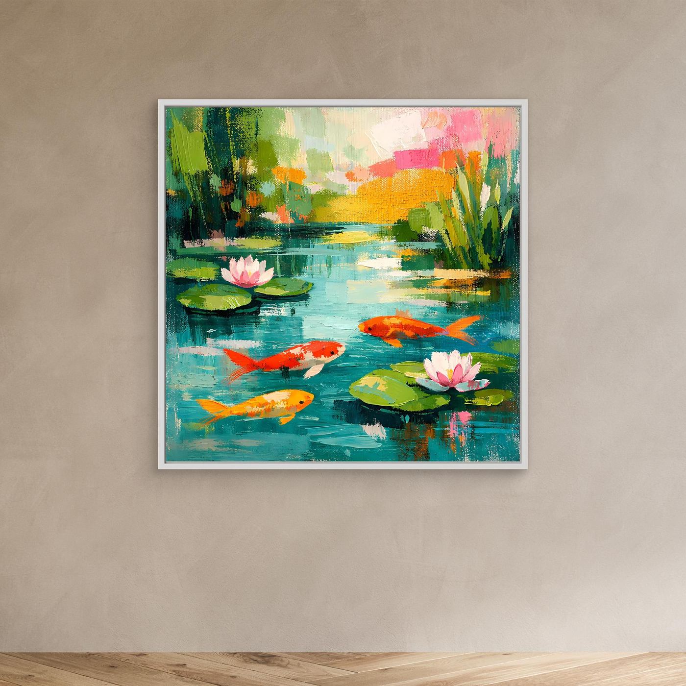 Silver-toned framed canvas wall art depicting koi fish and pink water lilies