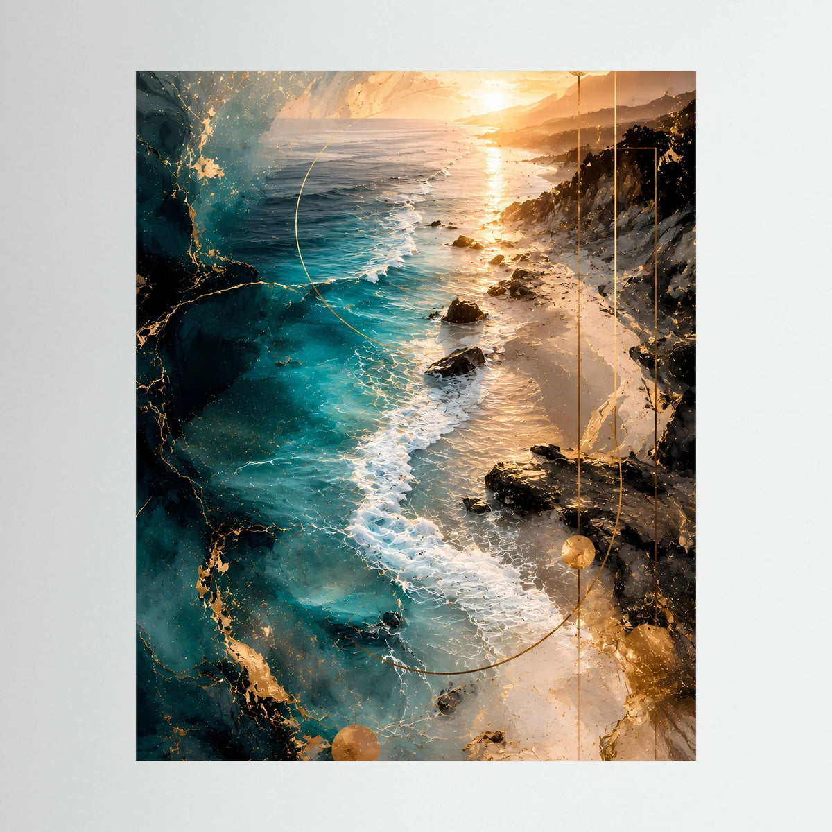 Hochformatiges Poster mit türkis-blauem Meer, goldener Sonne und abstrakter Küste