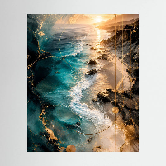 Hochformatiges Poster mit türkis-blauem Meer, goldener Sonne und abstrakter Küste