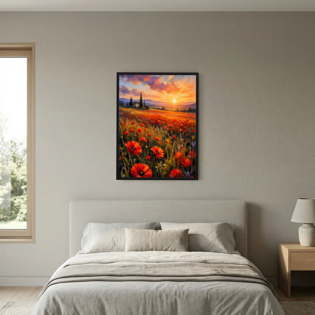 Hochformat-Poster mit blühenden Mohnblumen, goldener Sonne und weitem Landschaftsbild