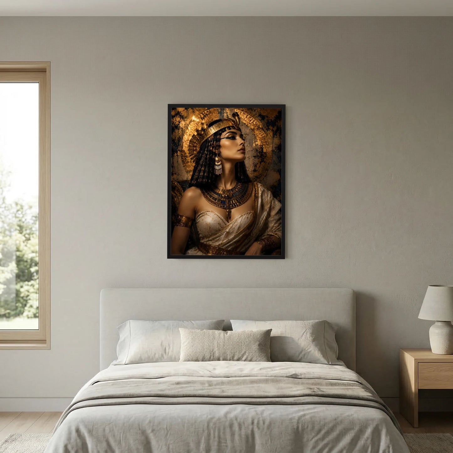 Poster im Hochformat mit Porträt der ägyptischen Königin in Gold, schwarzer Rahmen