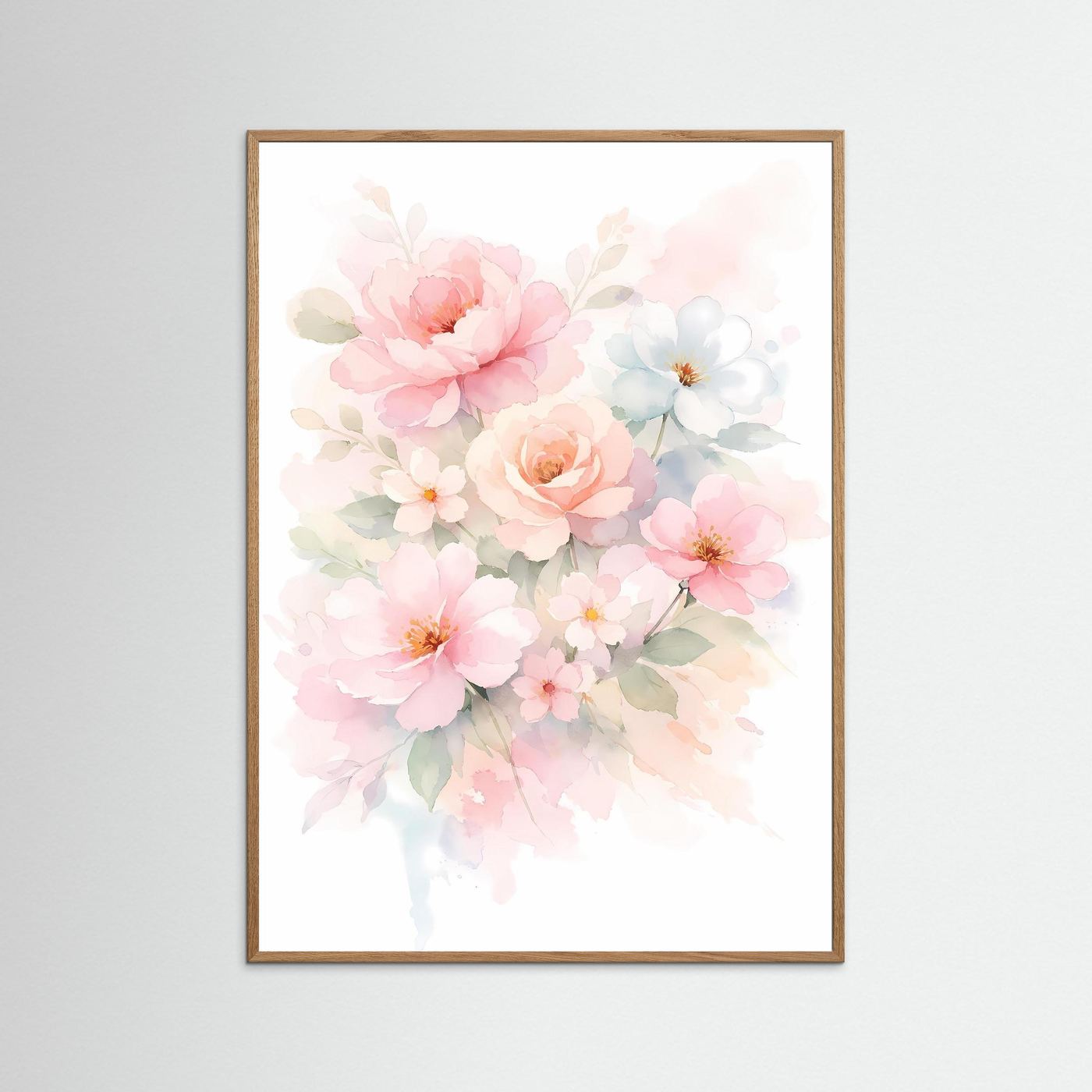 Wandbild mit Aquarell-Blumenbouquet in Pastelltönen, hellbrauner Holzrahmen