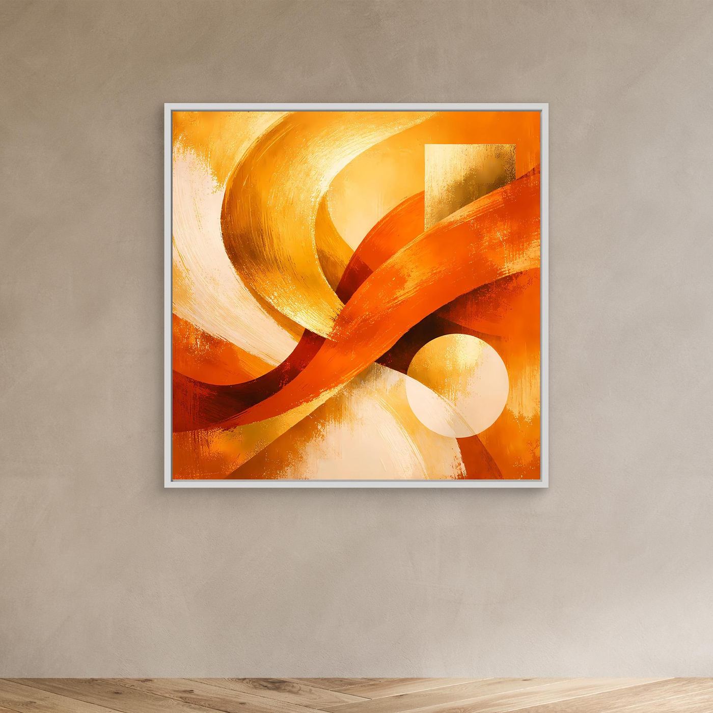 Wandhängendes Leinwandbild mit goldenen Bögen und Kreisformen in warmem Orange.