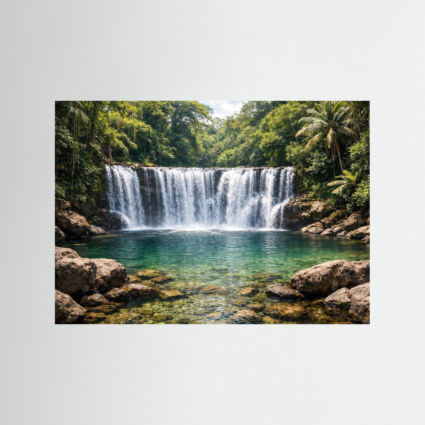 Querformat-Poster mit Dschungel-Wasserfall und Naturbecken, ohne sichtbaren Rahmen
