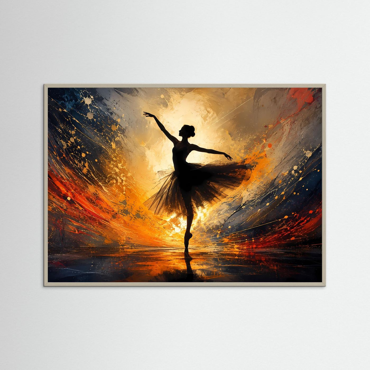 Ballerina im goldenen Licht | Abstrakte Tanzkunst in Schwarz, Gold & Orange – Elegante Wandkunst