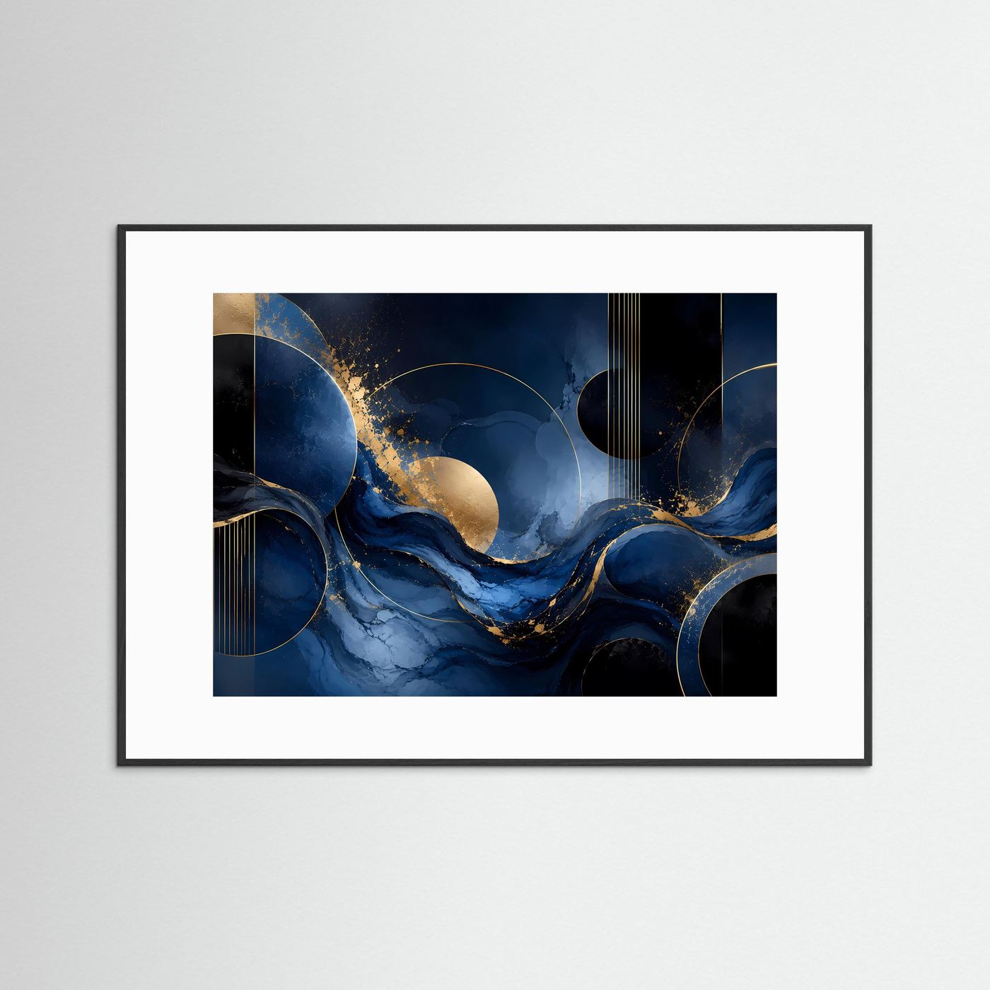 Abstrakte Wellen in Tiefblau und Gold | Luxuriöse moderne Kunst mit fließenden Formen und geometrischen Kreisen | Elegantes Schwarz-Blau-Gold Wandbild im Querformat
