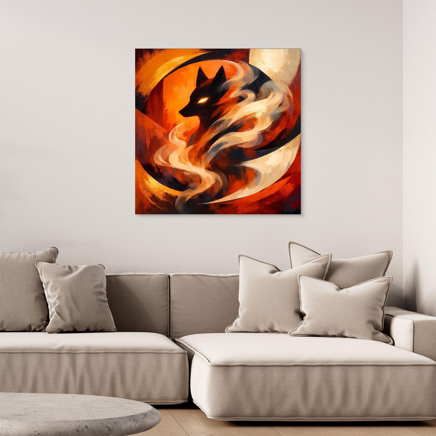 Leinwand-Wandbild mit schwarzem Rahmen: Wolf im Feuernebel, abstrakte Flammenwirbel