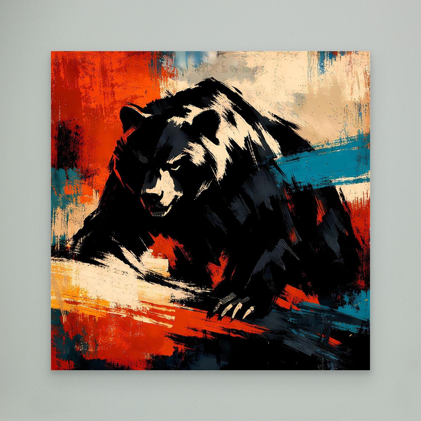 Leinwand-Wandbild mit Grizzlybär, abstrakte Farbflecken in Rot, Blau und Schwarz