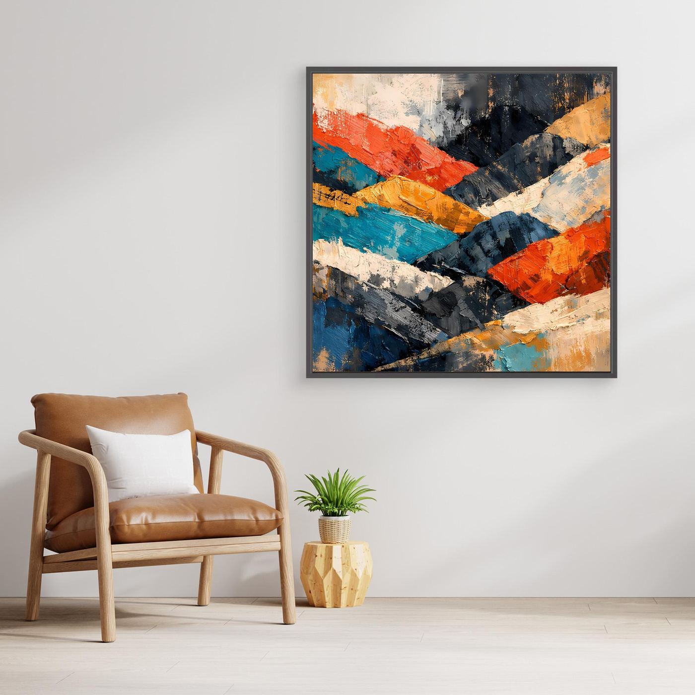 Abstraktes Leinwand-Wandbild mit Gebirgsmotiv, bunte Farb- und Pinselstreifen, mit schwarzem Rahmen