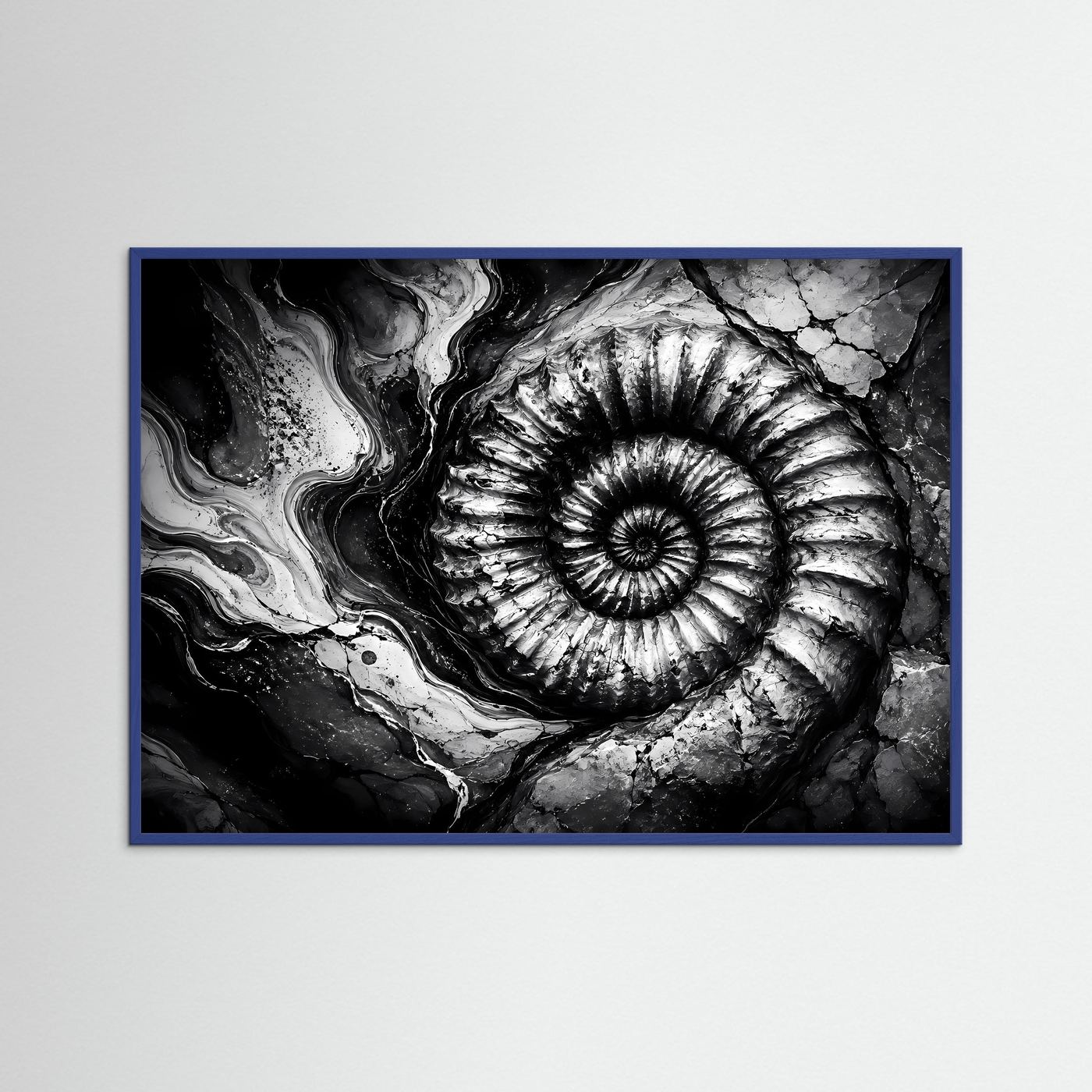 Ammonit Fossil Schwarz Weiß Poster | Geologische Wandkunst | Makro Fossilien Kunst | Monochrome Natur Fotokunst | Moderne Leinwand