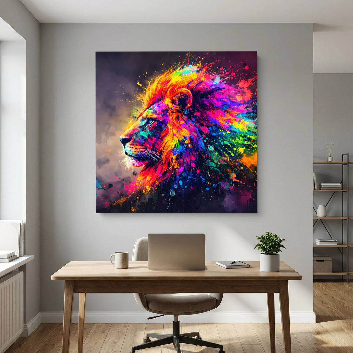 Quadratisches Leinwandbild auf Keilrahmen: leuchtender Löwe im Seitenprofil, Pop-Art-Splashes.