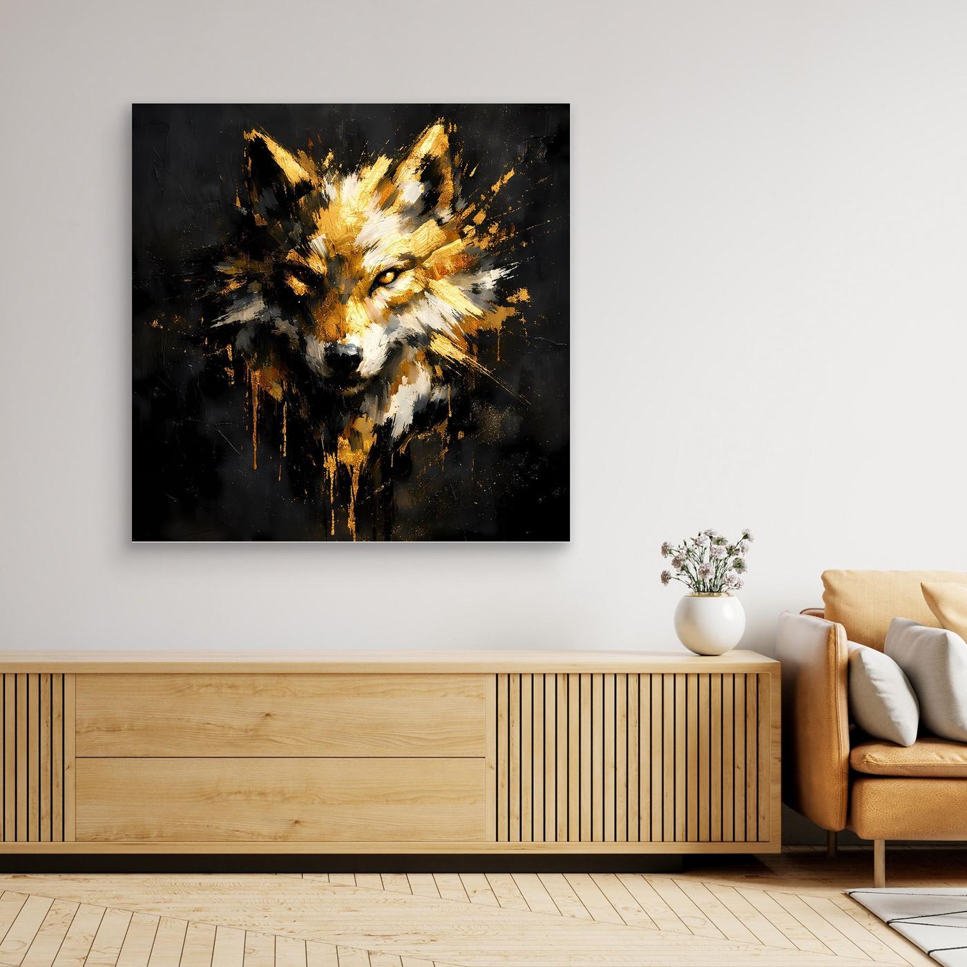 Leinwand Goldener Wolfskopf | Abstraktes Wildtier Wandbild Modern