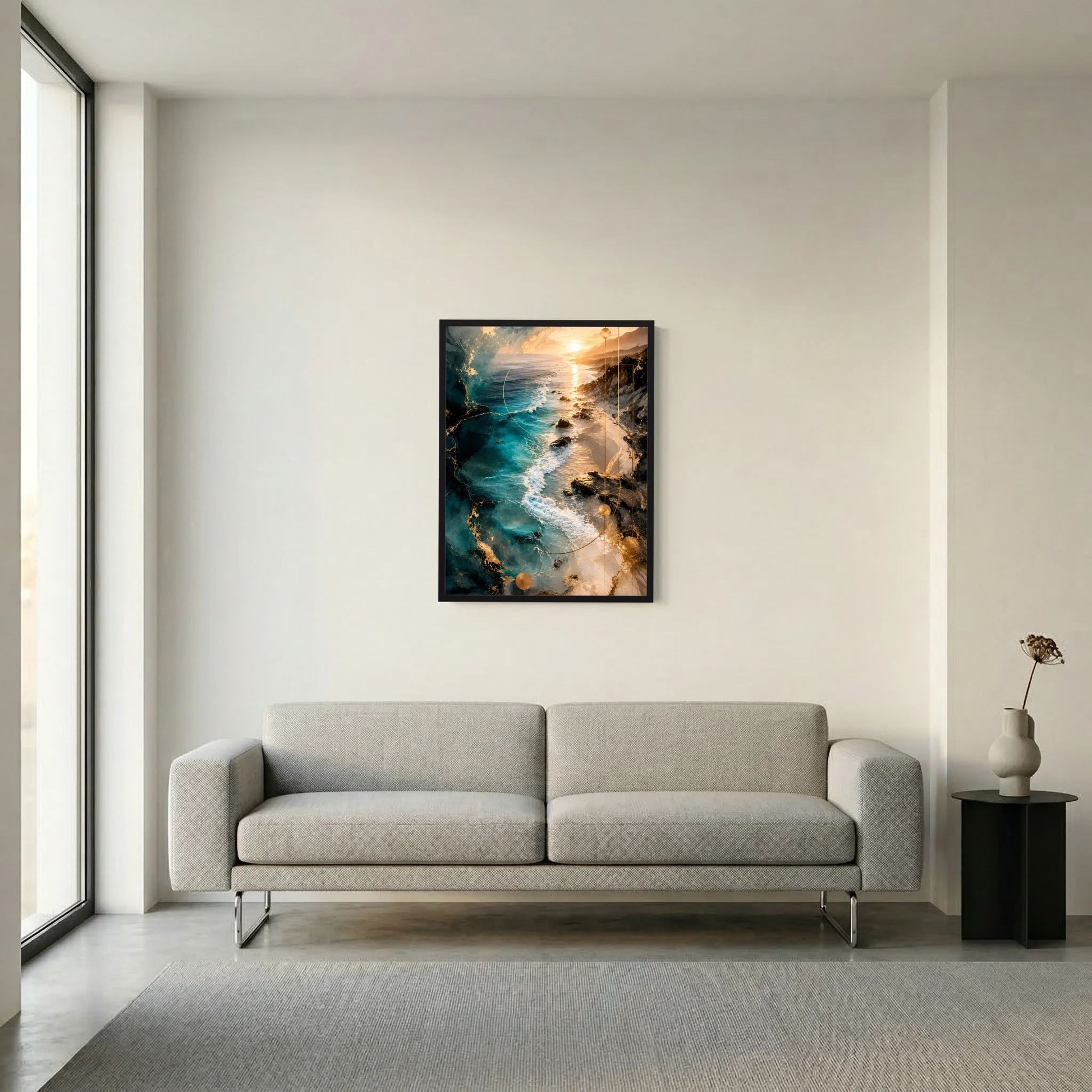 Schwarz gerahmtes Poster mit abstrakter Küstenlandschaft in Türkis und Gold, Hochformat