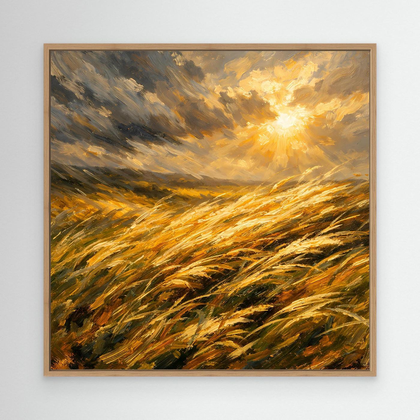 Leinwandbild goldenes Getreidefeld mit Sonnenlicht, Holzrahmen in hellem Braun