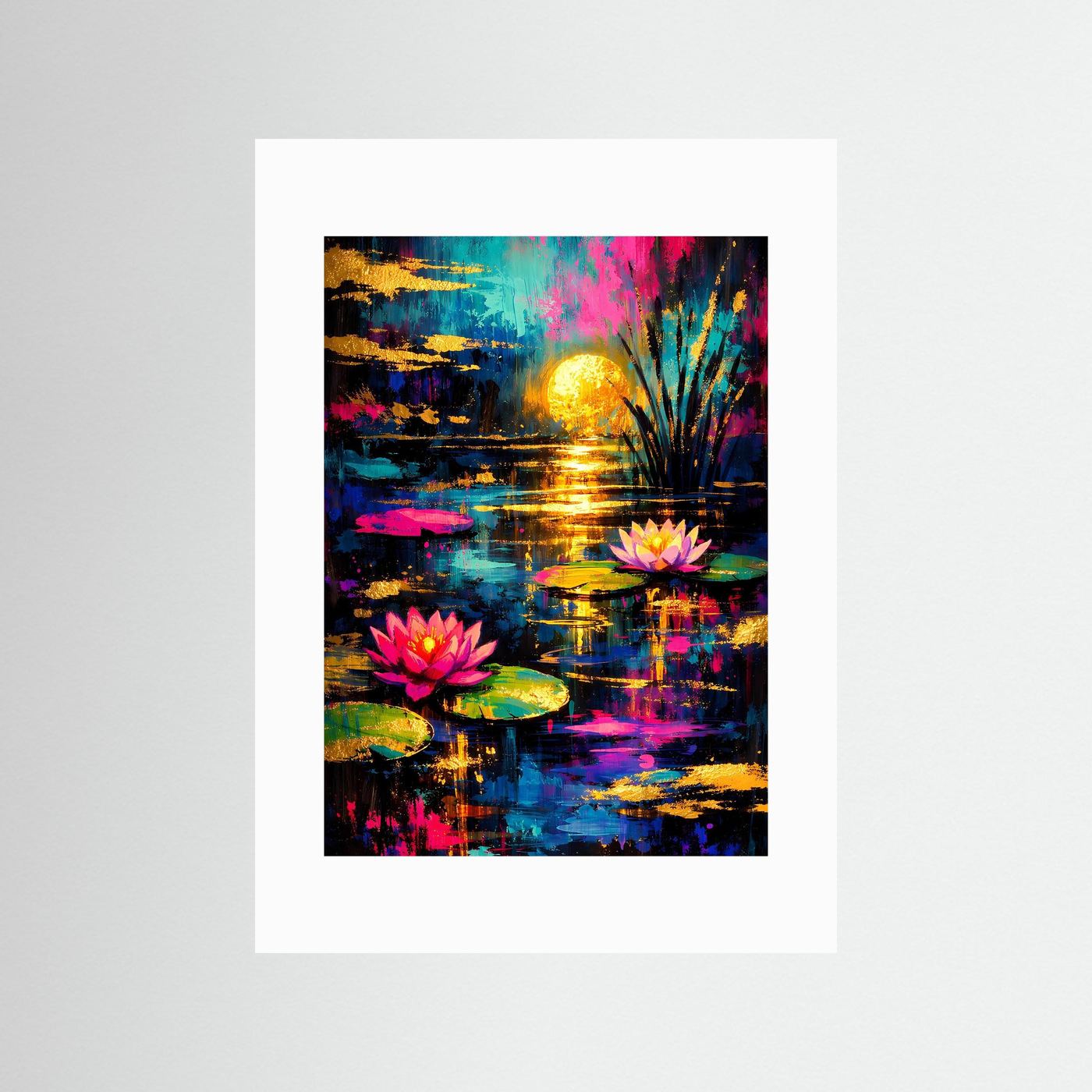 Abstraktes Kunstposter mit Seerosen, goldener Sonne und farbigen Reflexen, mit weißem Rand
