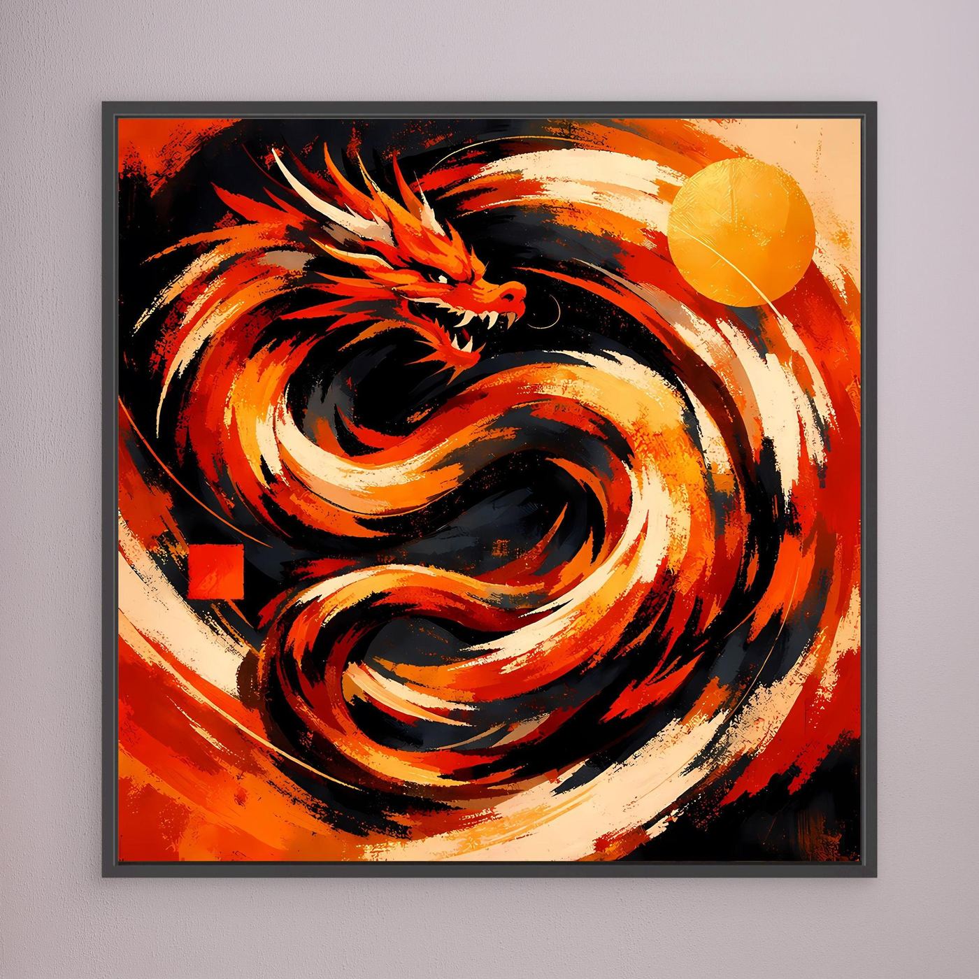 Gerahmtes Leinwand-Wandbild: roter Drache mit kontrastreichem Flammenwirbel, schwarzer Rahmen
