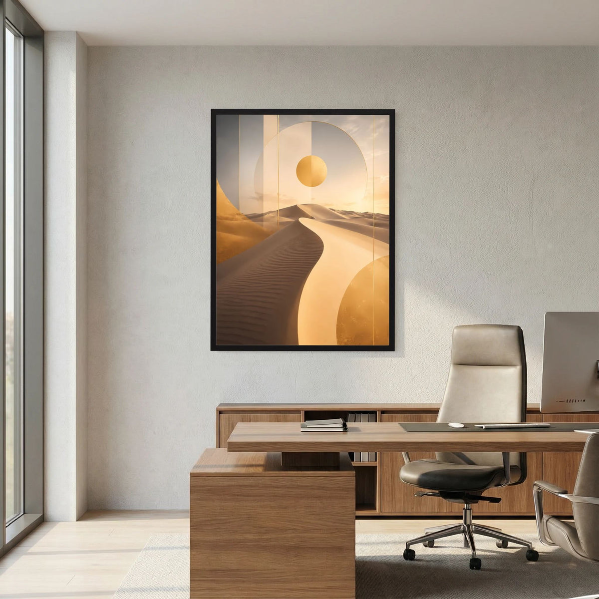 Hochformatiges Poster mit goldener Sonne, Dünen und geometrischen Flächen im schwarzen Rahmen