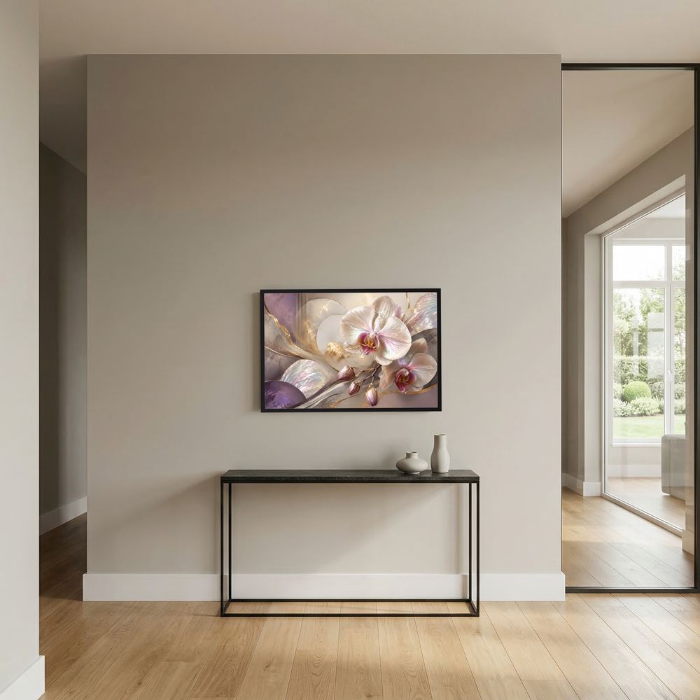 Orchideen-Poster im Querformat an der Wand: abstrakte Orchideen, rosé und lila, goldene Akzente