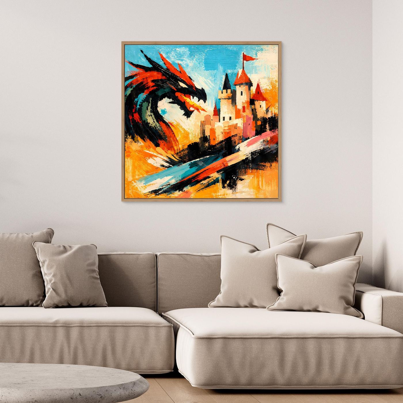 Leinwand Mythischer Drache vor dem Königsschloss | Abstraktes Fantasy Wandbild