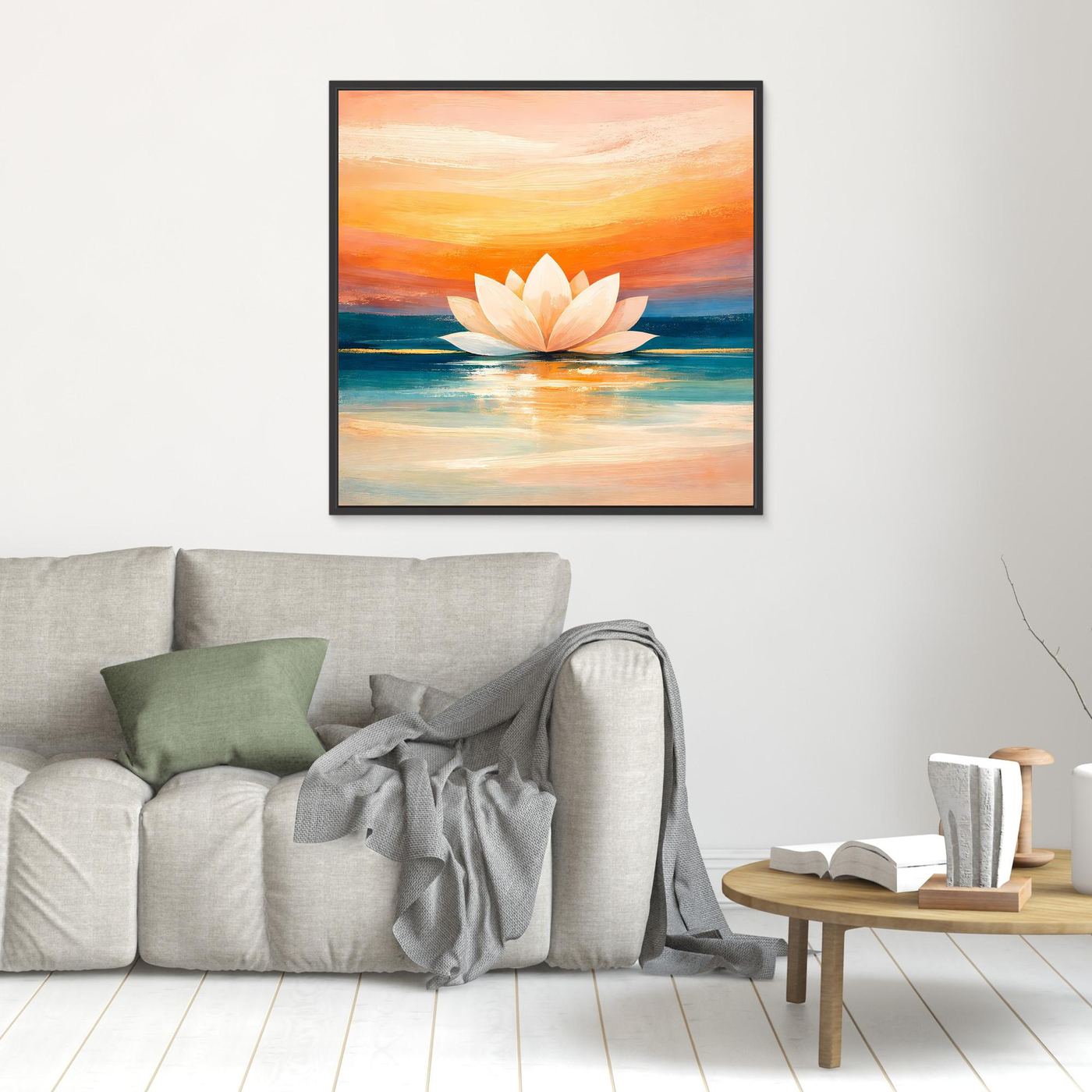 Leinwandbild mit schwarzem Rahmen, weiße Lotusblüte auf abstraktem Meer bei Sonnenuntergang