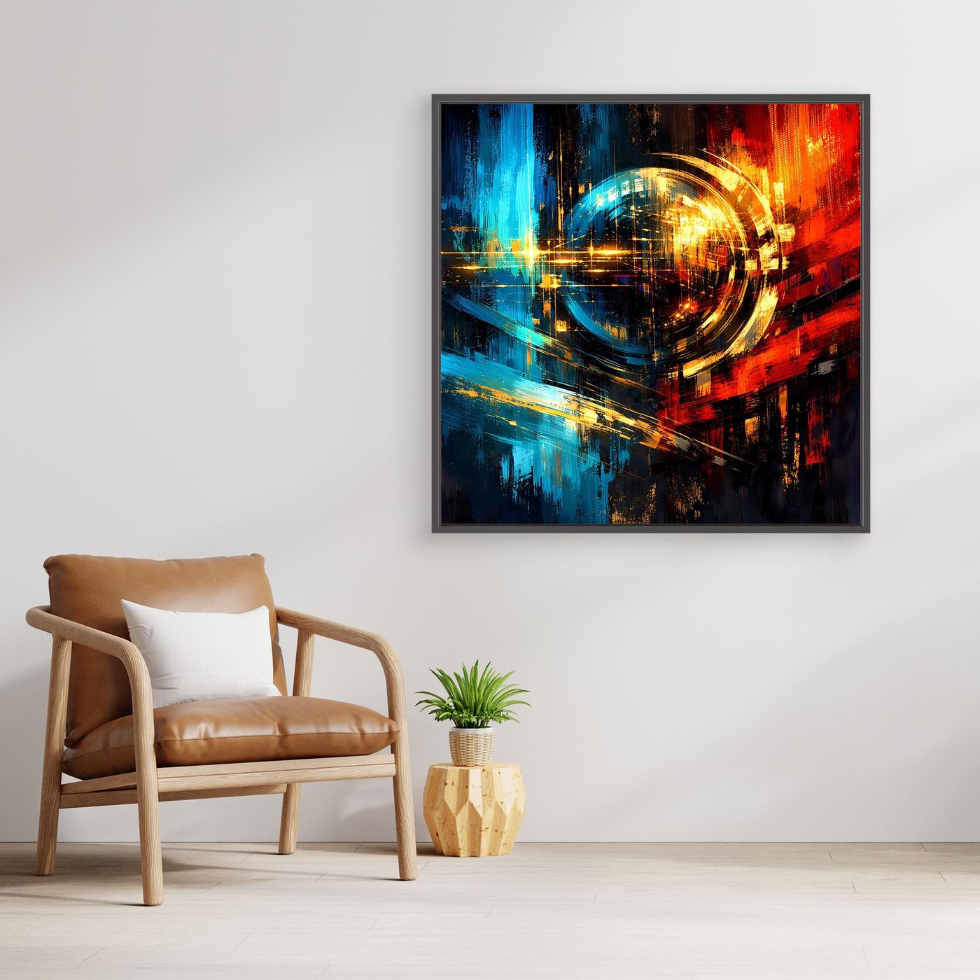 Quadratisches Leinwandbild mit mehrfarbigen Lichtbahnen in Blau, Rot und Gold, klarer Kreisform