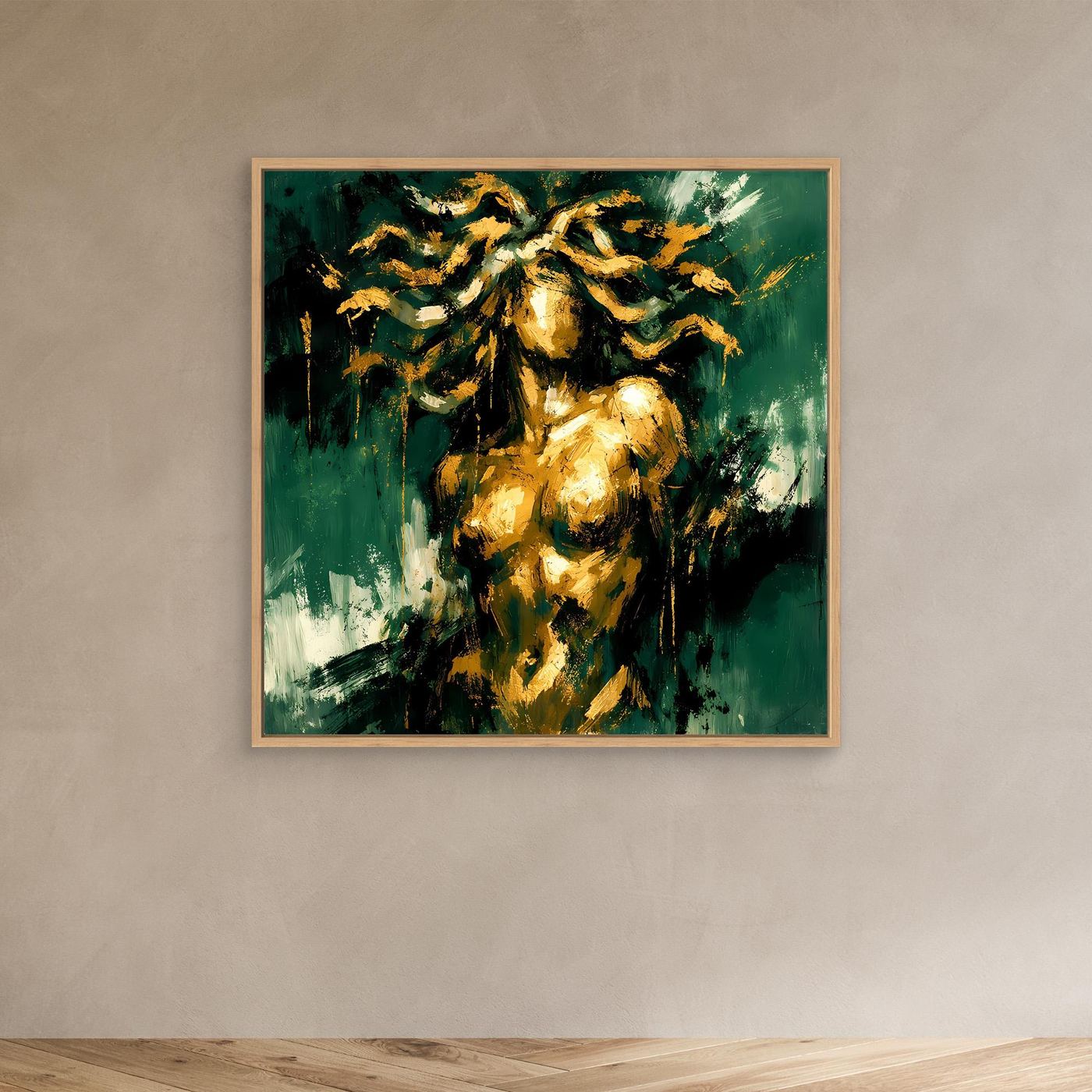 Leinwand Mystische Medusa in Smaragdgrün | Abstraktes Mythologie Wandbild Gold