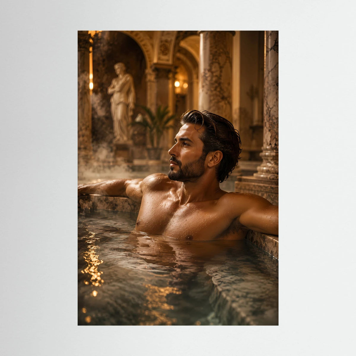 Poster im Hochformat: Mann im Thermalbad, Oberkörper im Wasser, Blick nach rechts