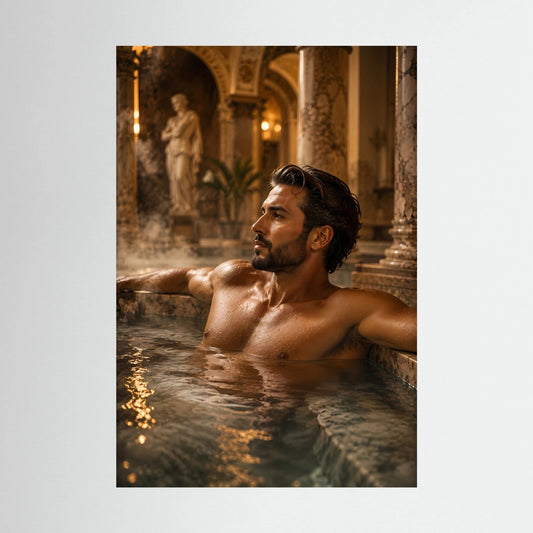 Poster im Hochformat: Mann im Thermalbad, Oberkörper im Wasser, Blick nach rechts