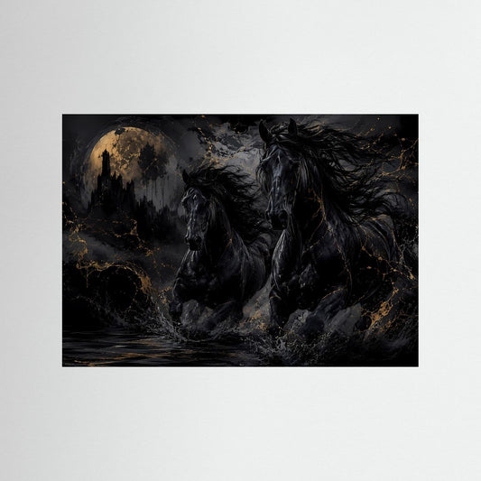 Pferdeposter mit zwei schwarzen Pferden und Vollmond, ohne sichtbaren Rahmen