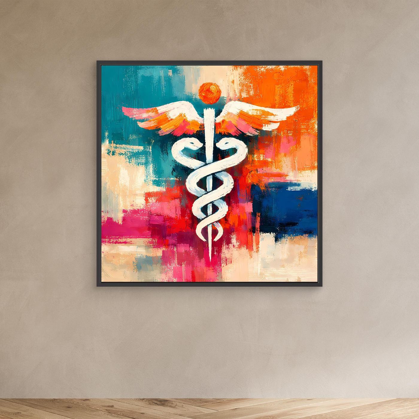 Abstract medical wall art with white caduceus and wings in a black frame