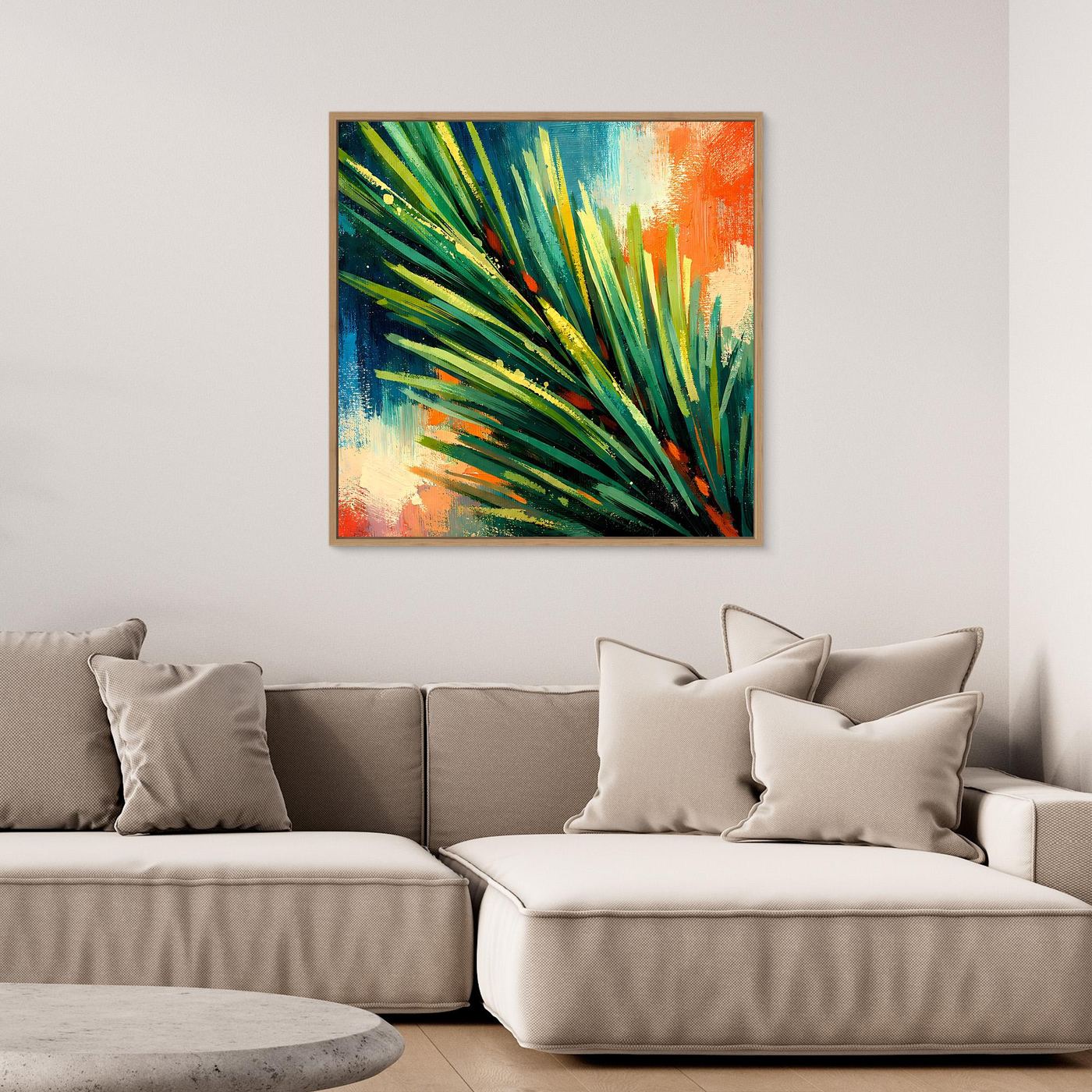 Quadratisches Leinwand-Wandbild mit grünen Pinselstiften vor orange-rotem Hintergrund