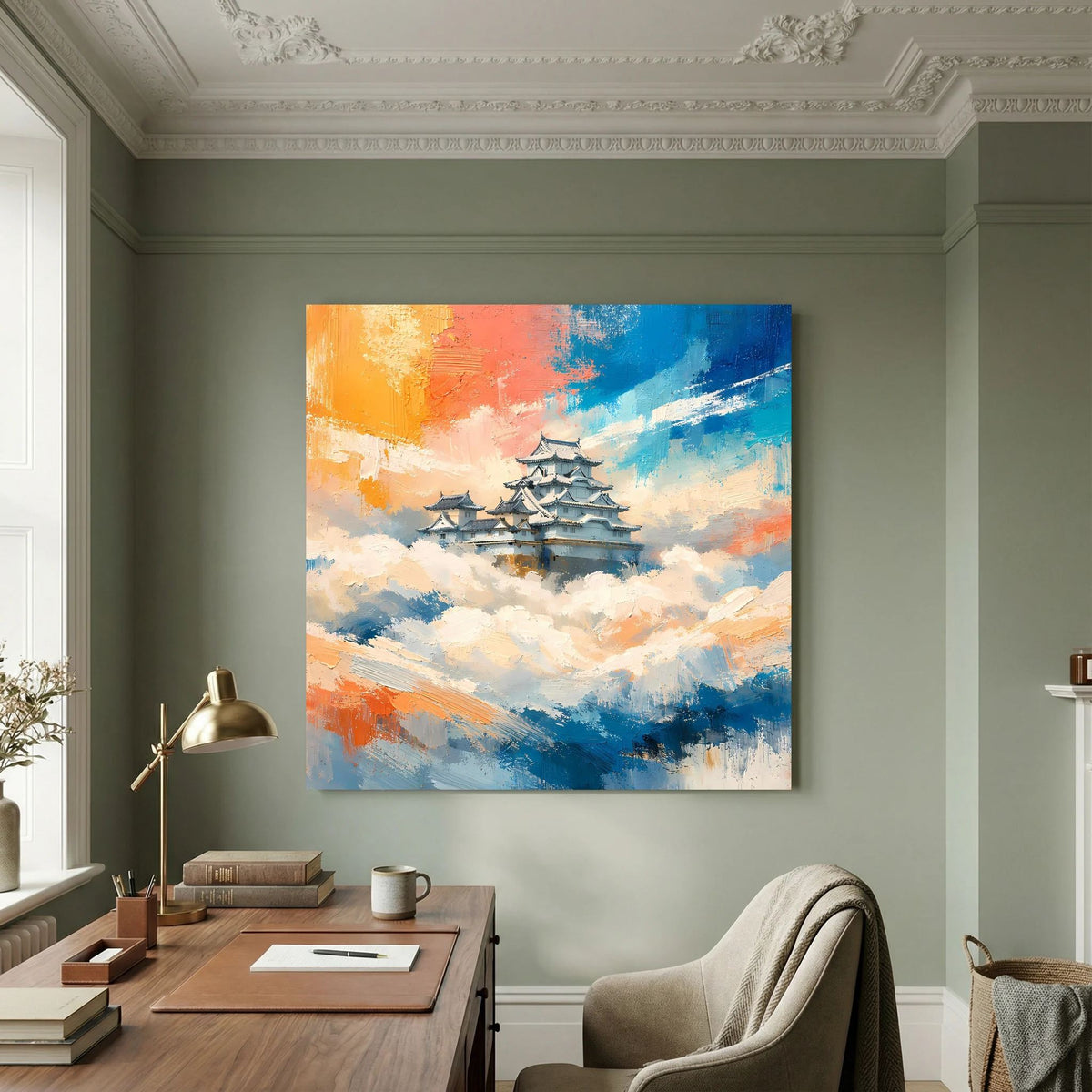Wandbild auf Leinwand: japanische Burg über Wolken, bunte Himmelsfarben, quadratisch