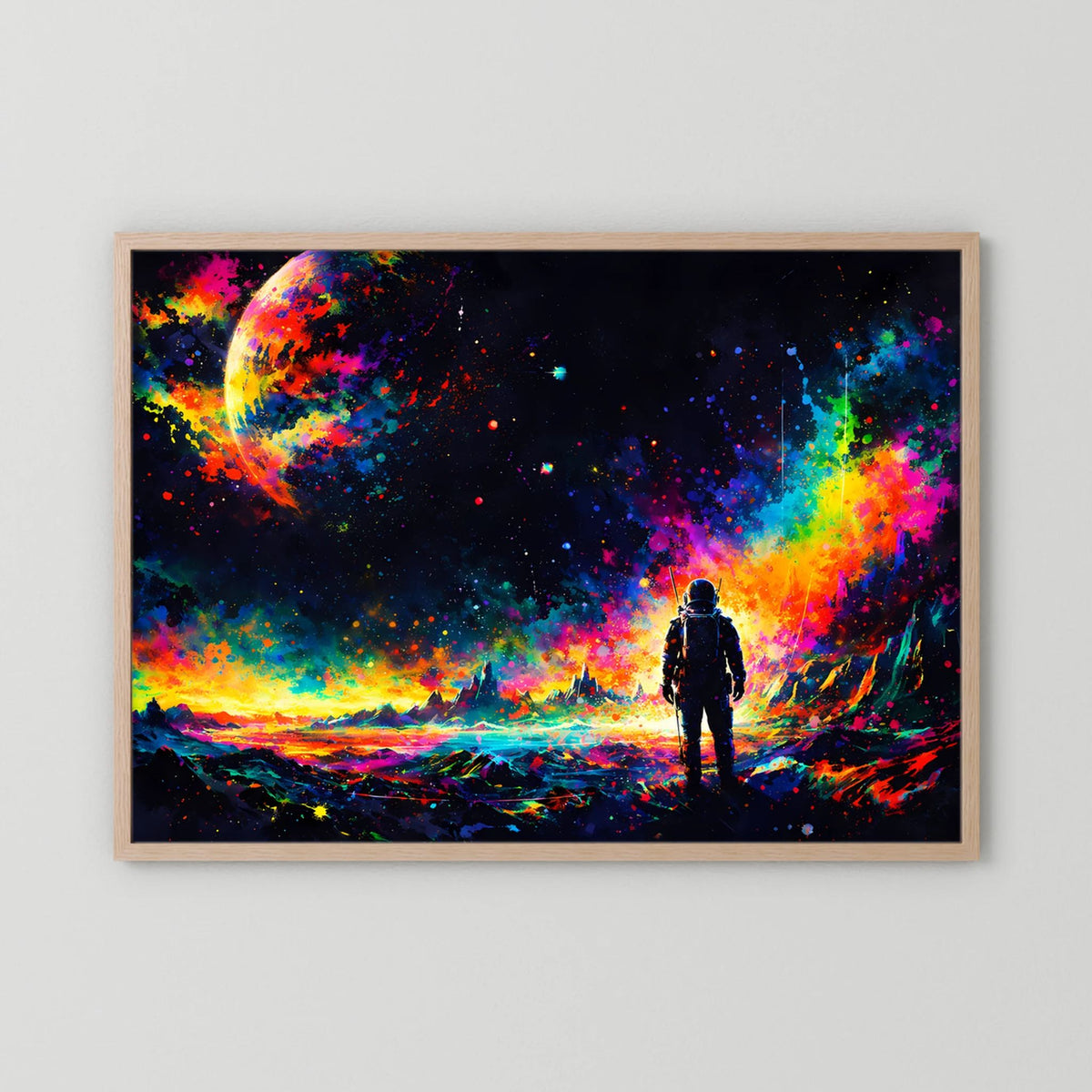 Wandbild mit Astronauten-Silhouette im Neon-Kosmos, heller Holzrahmen