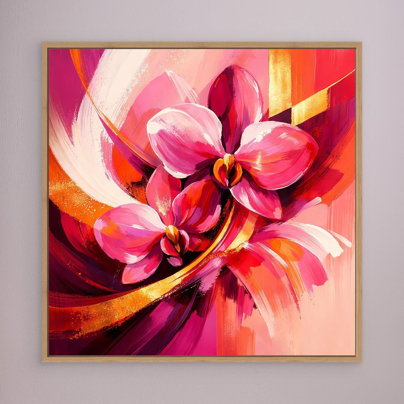 Gerahmtes Leinwandbild mit abstrakten Orchideen in Pink, Rot und Gold (beiger Rahmen)