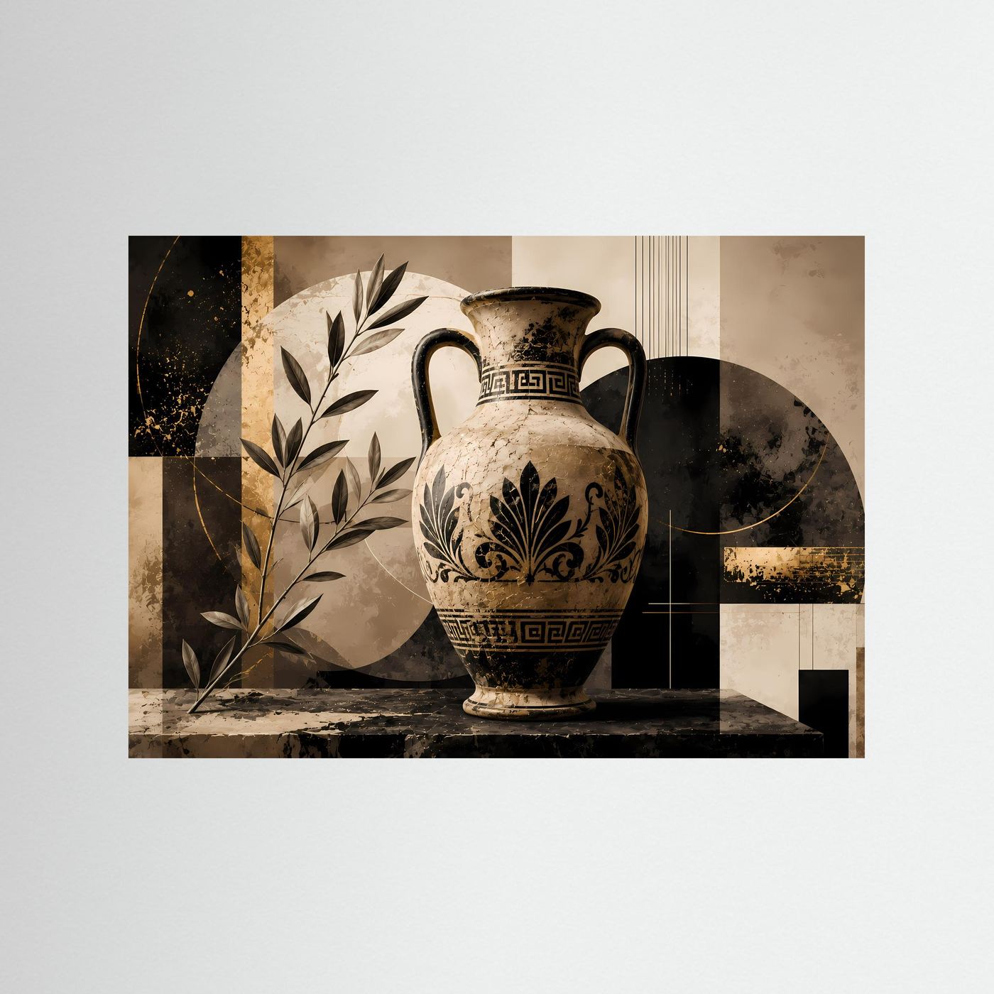 Poster mit antiker Amphore und Olivenzweig, beige, schwarz und gold, querformat