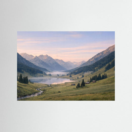 Naturposter im Panoramaformat mit Bergtal, Wiesen und Flusslauf, ohne Rahmen