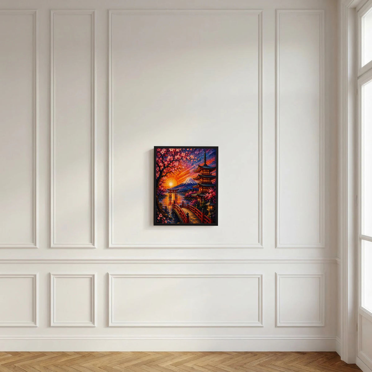 Hochformatposter im schwarzen Rahmen mit Kirschblüten, Pagode und Fuji bei Sonnenuntergang
