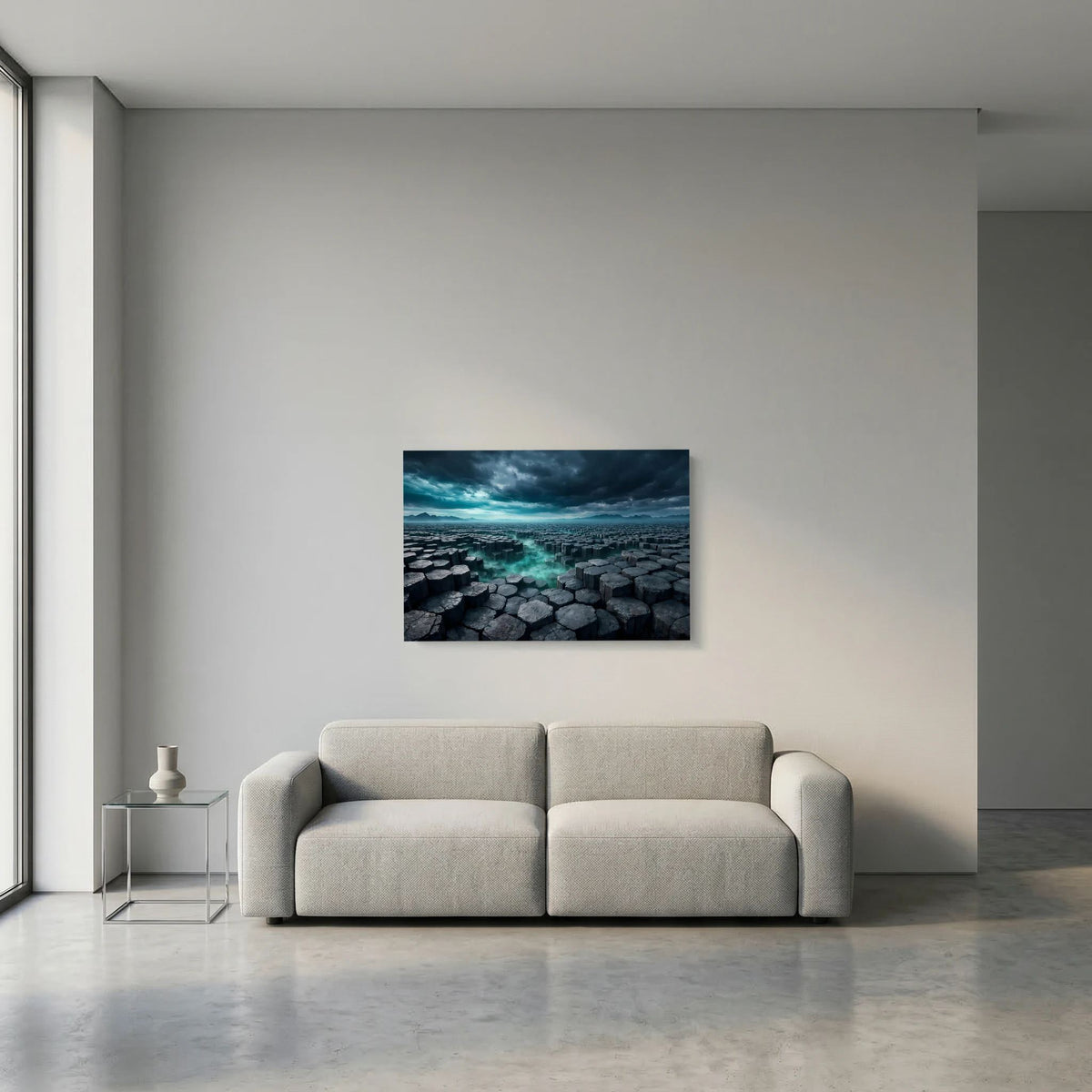 Wandbild im Querformat mit Basaltsäulen-Landschaft, türkis leuchtende Wasserstelle, dunkler Fels