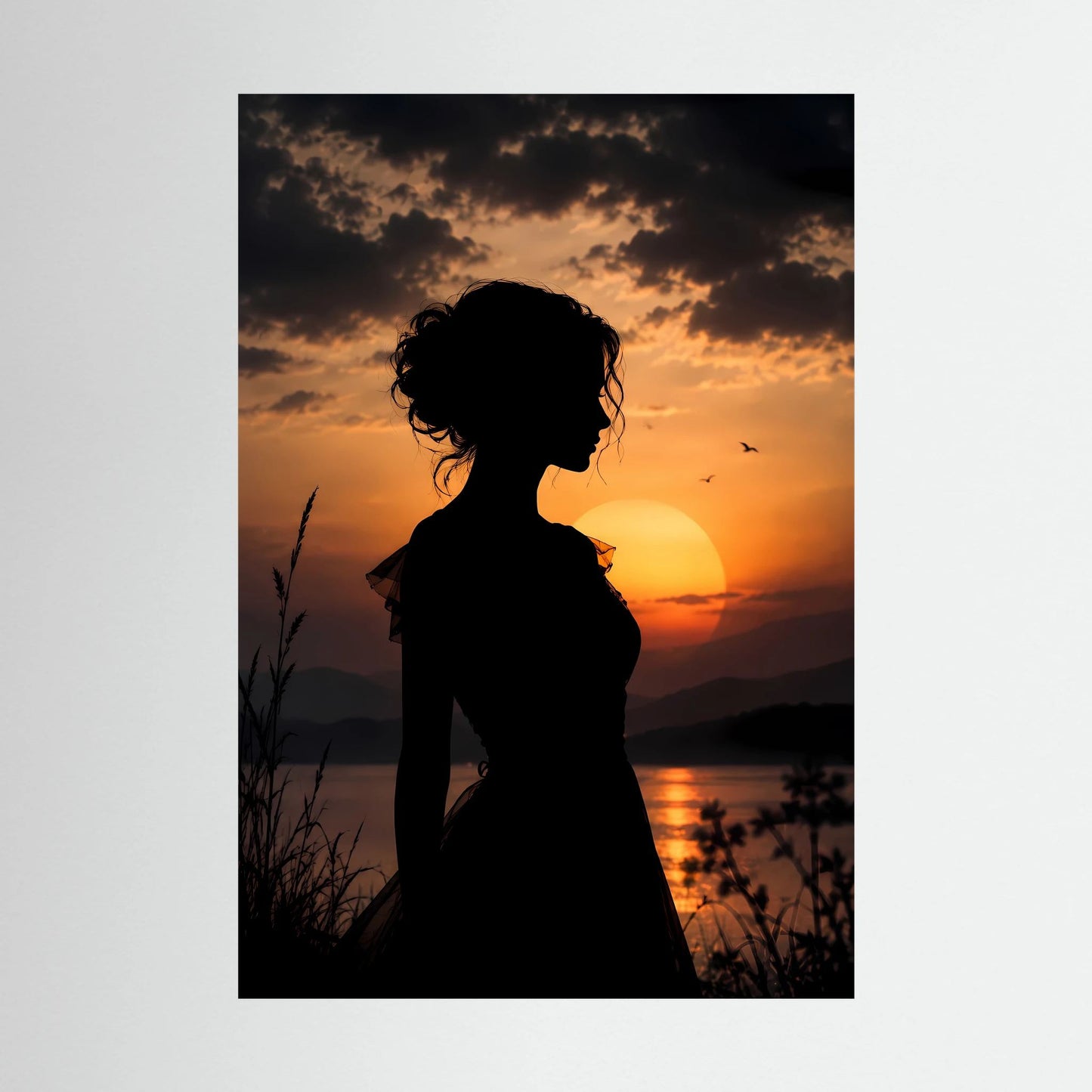Poster mit Silhouette einer Frau am Sonnenuntergang, Hochformat
